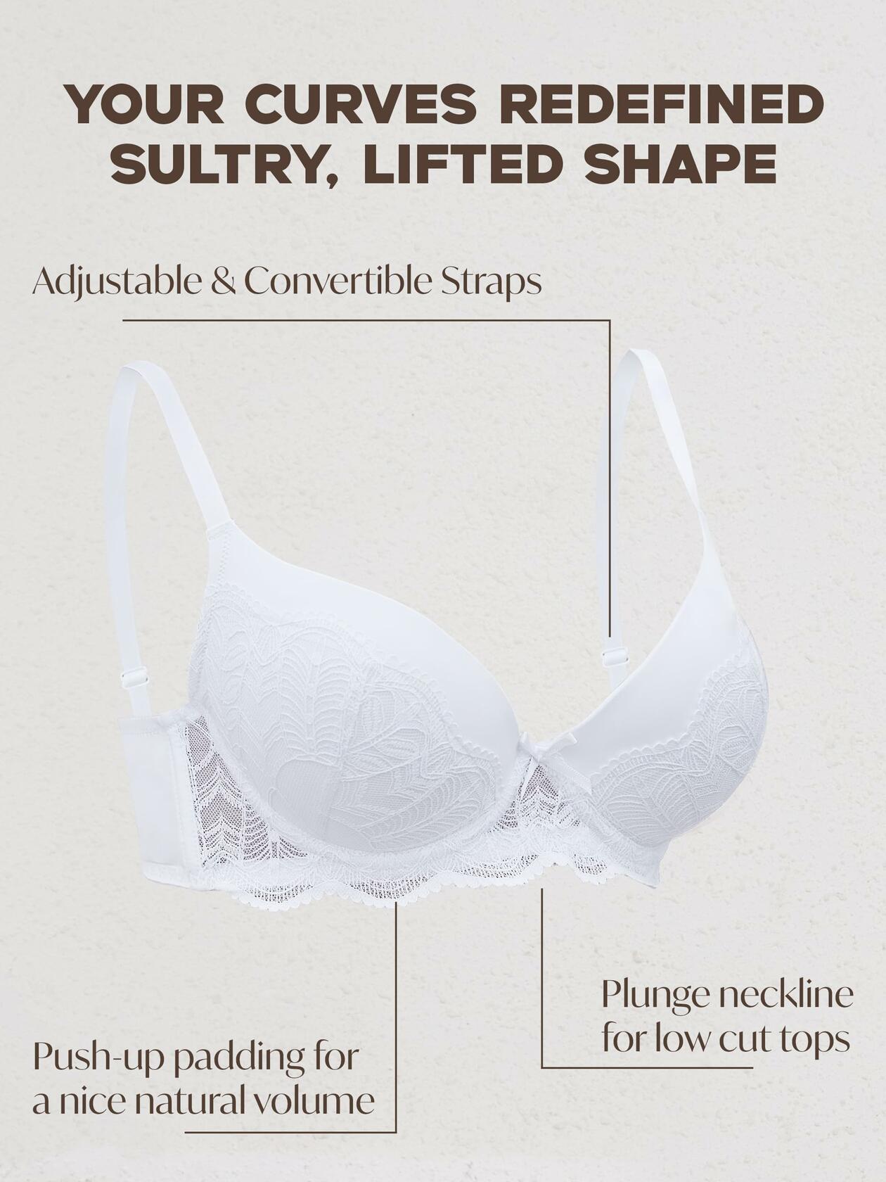 Women’s Lace Push-Up Bra Padded Underwire Lift Plunge Convertible 34B White