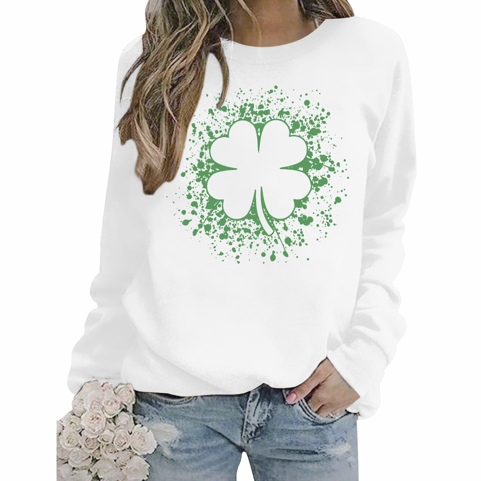 Women St Patricks Shamrock Lucky Clover Sweatshirt Pullover White Size XL