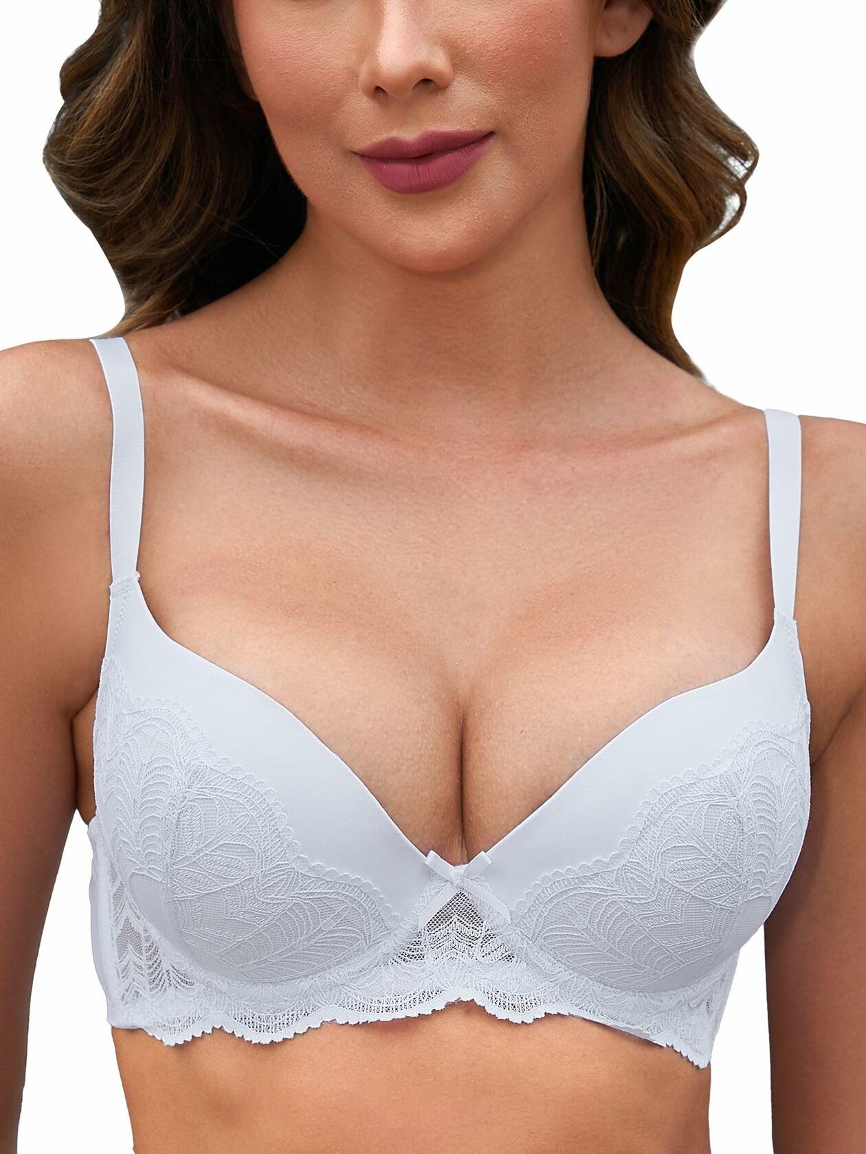Women’s Lace Push-Up Bra Padded Underwire Lift Plunge Convertible 34B White