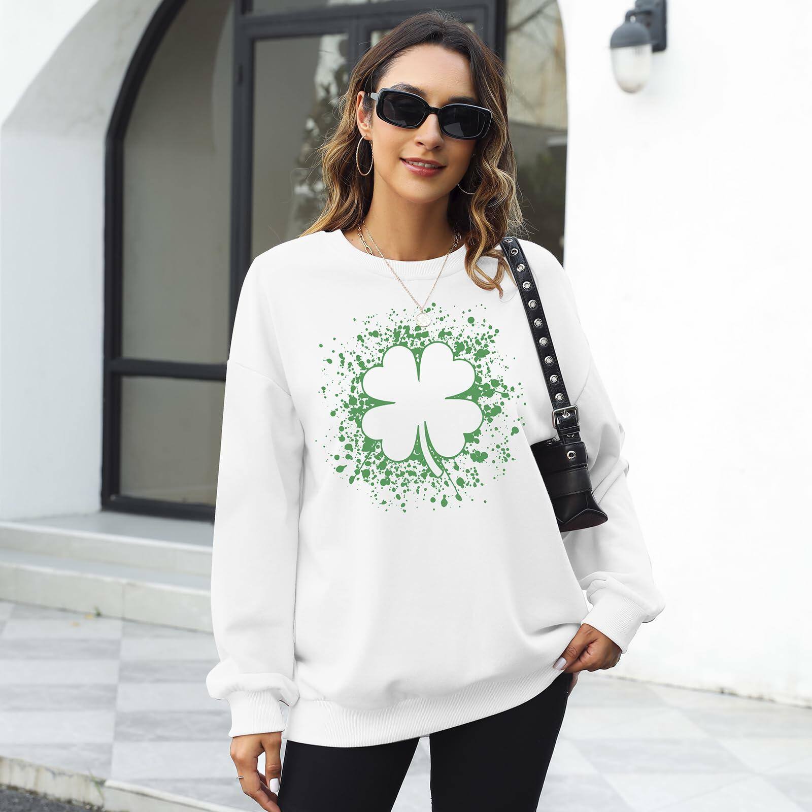 Women St Patricks Shamrock Lucky Clover Sweatshirt Pullover White Size XL