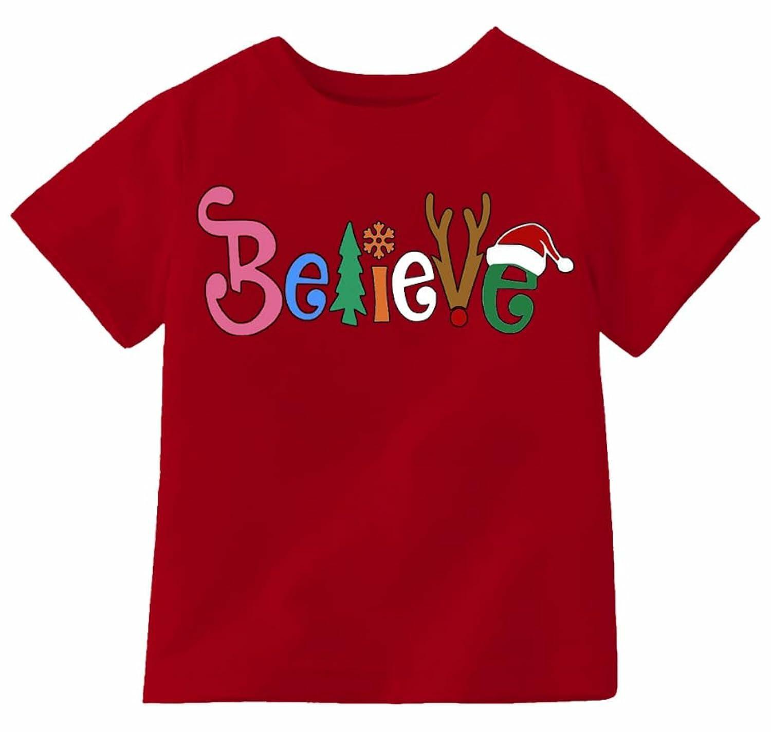 Boys Girls Toddler Reindeer Christmas Short Sleeve Holiday Red Tee Shirt Size 3T