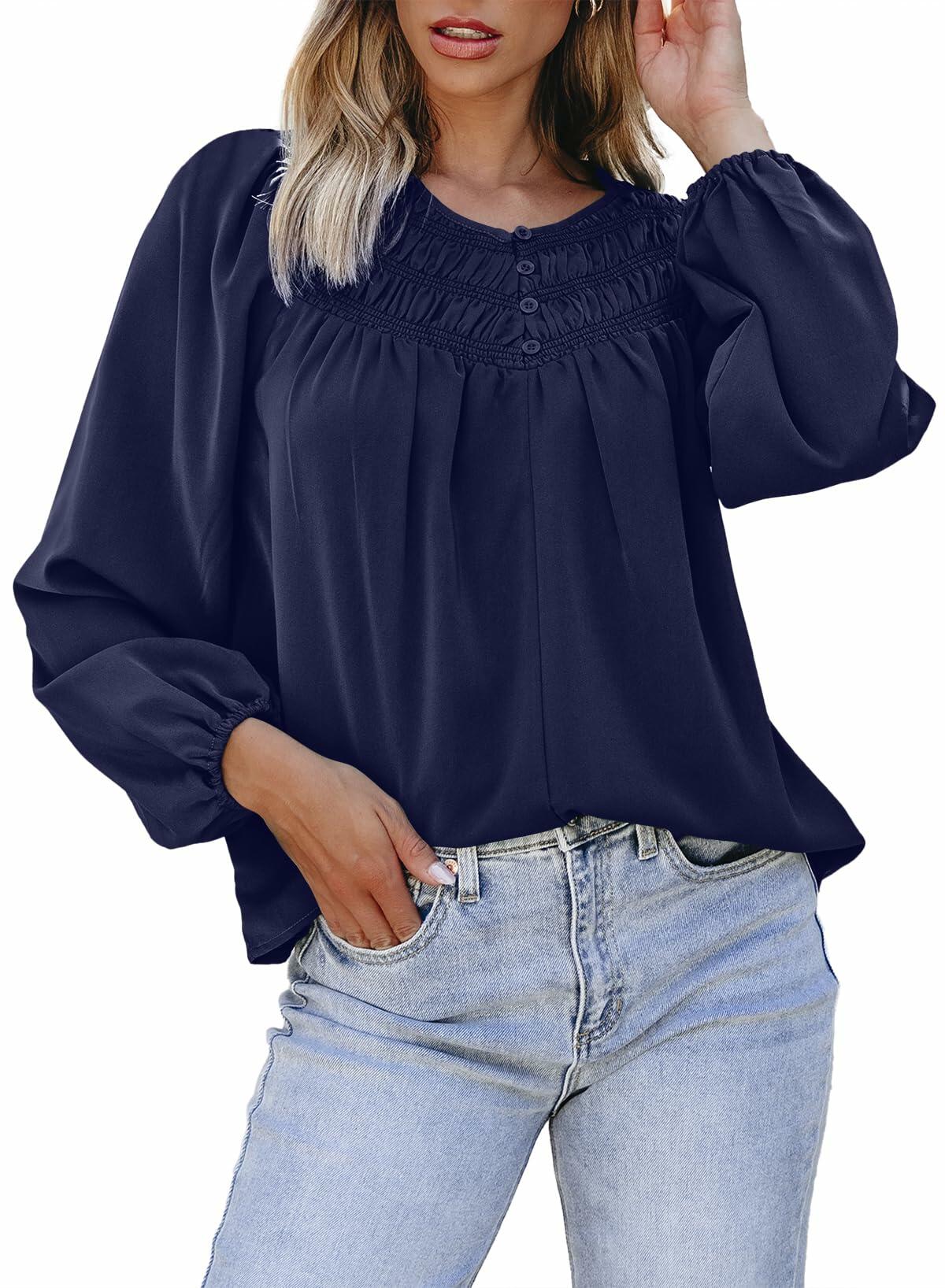 Dokotoo Fall Clothes Women Round Neck Smocked Top Navy Blue Size L