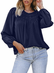 Dokotoo Fall Clothes Women Round Neck Smocked Top Navy Blue Size L