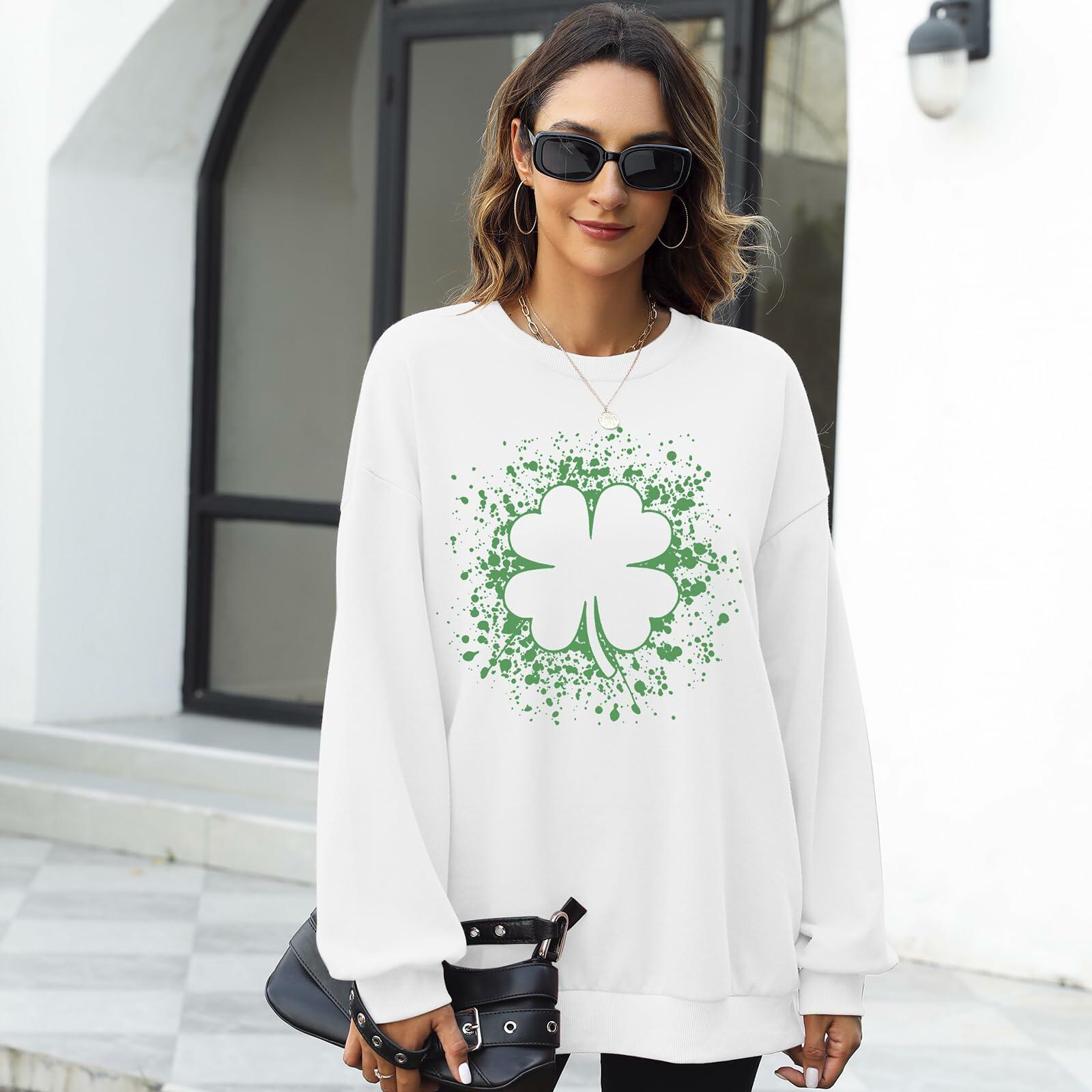 Women St Patricks Shamrock Lucky Clover Sweatshirt Pullover White Size XL