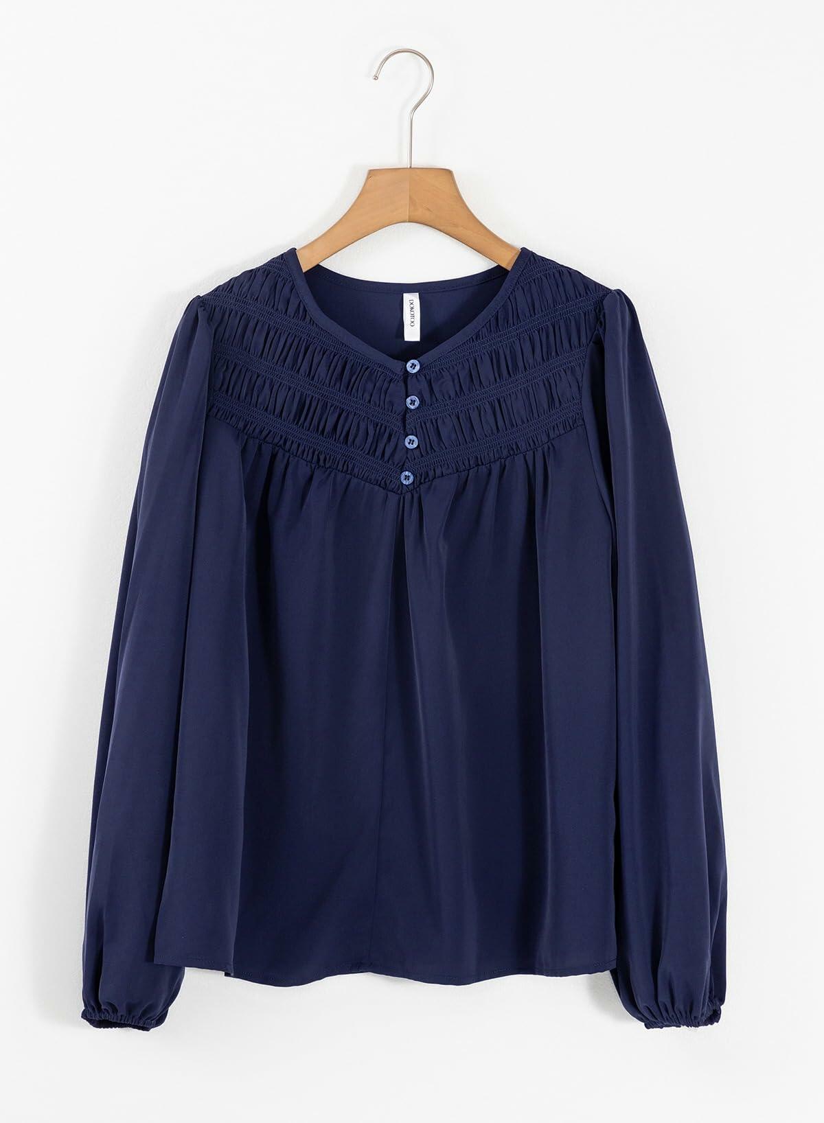 Dokotoo Fall Clothes Women Round Neck Smocked Top Navy Blue Size L
