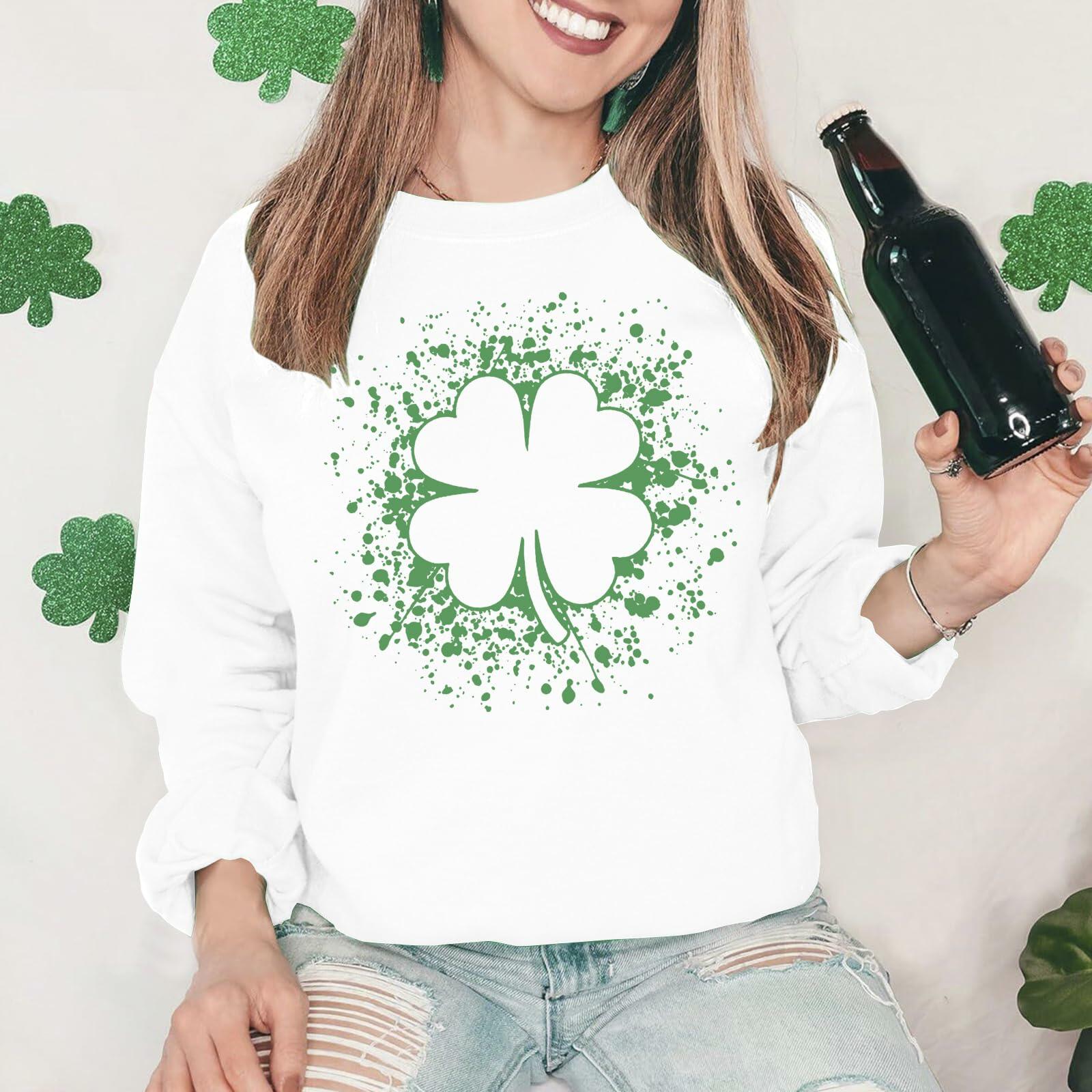 Women St Patricks Shamrock Lucky Clover Sweatshirt Pullover White Size XL