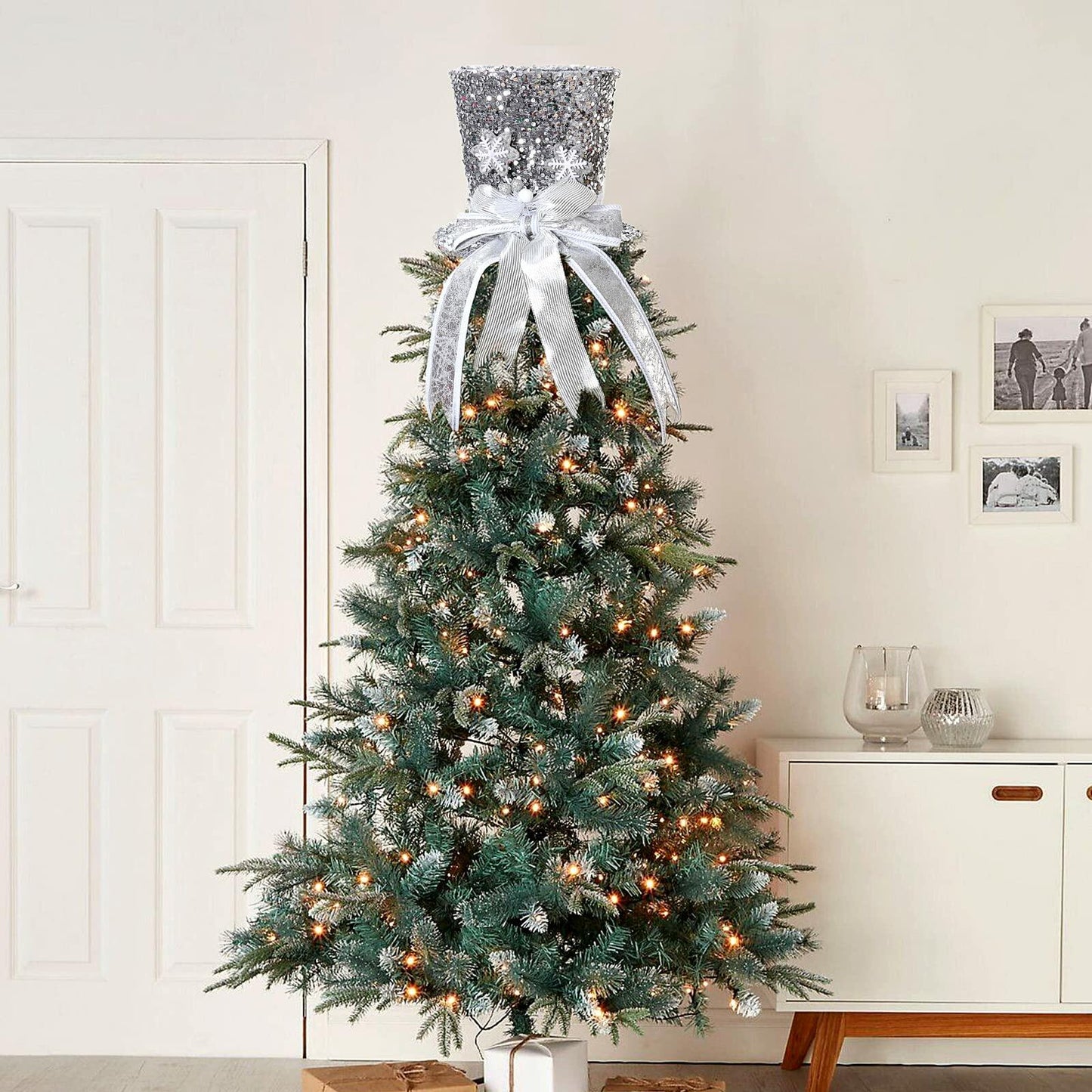 PIKRONSH Christmas Tree Topper Silver Sequins Top Hat Decoration