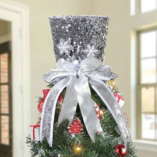 PIKRONSH Christmas Tree Topper Silver Sequins Top Hat Decoration