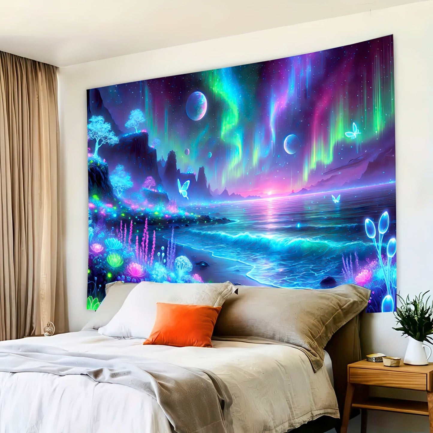 BlissYard Blacklight Fantasy Forest UV Reactive Tapestry 51x78 Inch