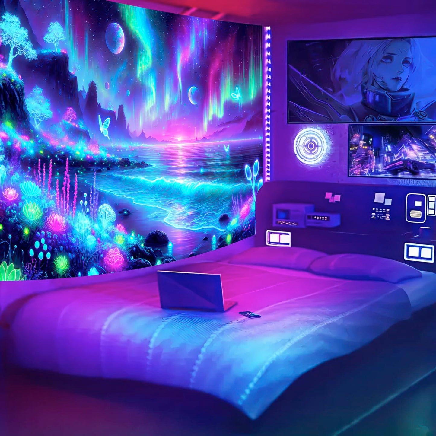BlissYard Blacklight Fantasy Forest UV Reactive Tapestry 51x78 Inch