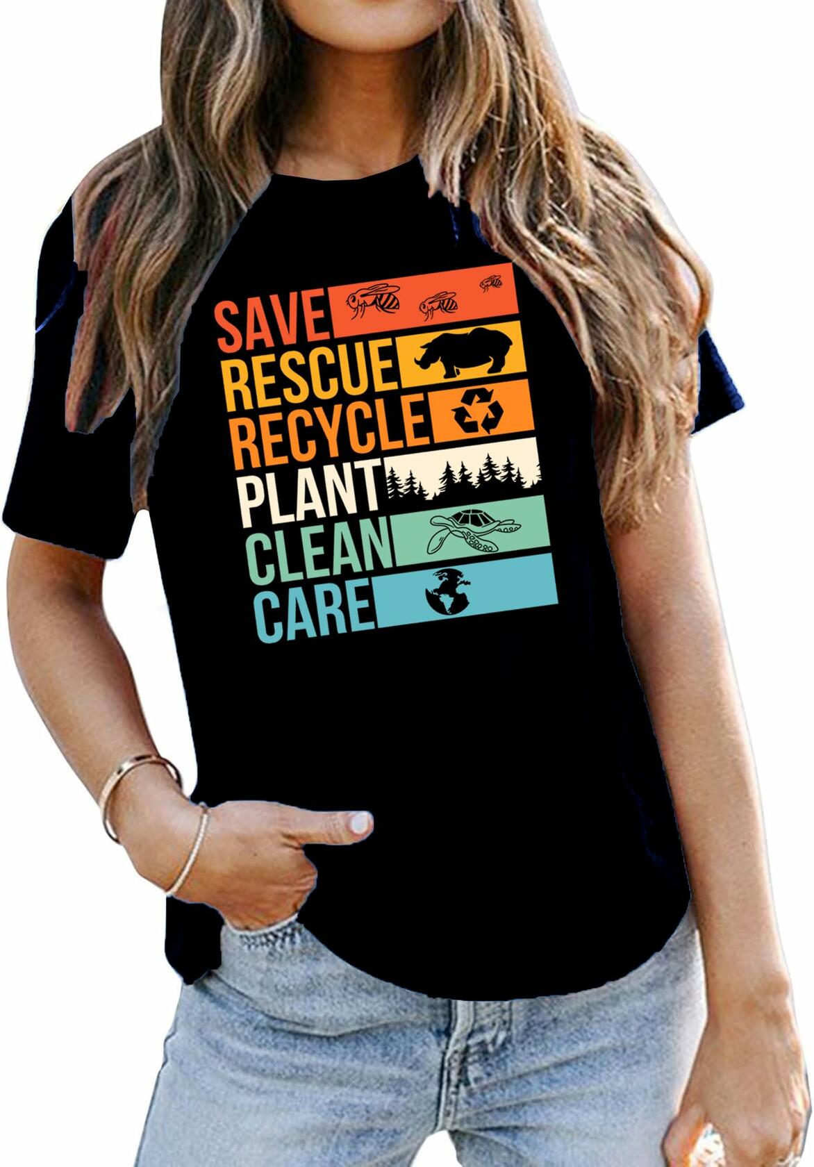 Earth Day Shirts Women Save Planet Bee Graphic T-Shirt Black Size S