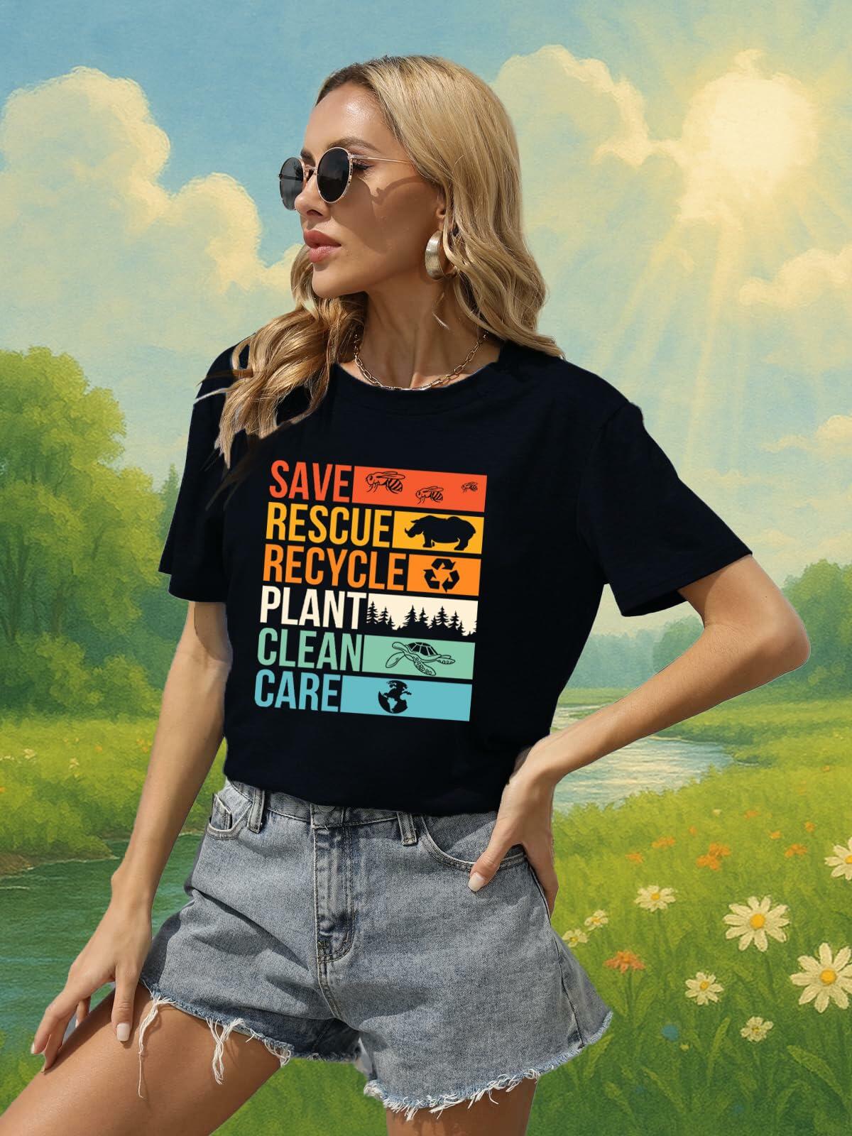 Earth Day Shirts Women Save Planet Bee Graphic T-Shirt Black Size S