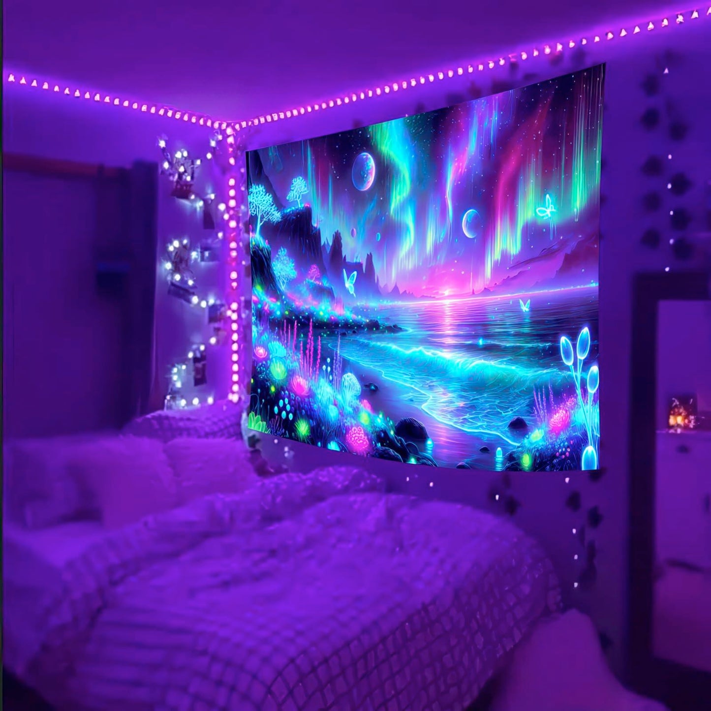 BlissYard Blacklight Fantasy Forest UV Reactive Tapestry 51x78 Inch