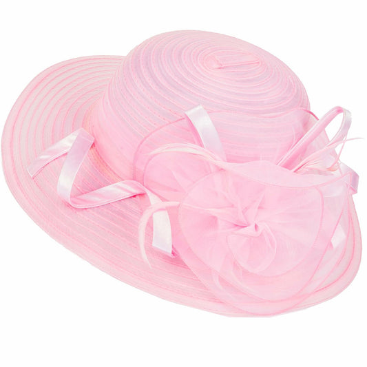 Women Organza Bowler Kentucky Derby Fascinator Hat Pink Bridal Wedding