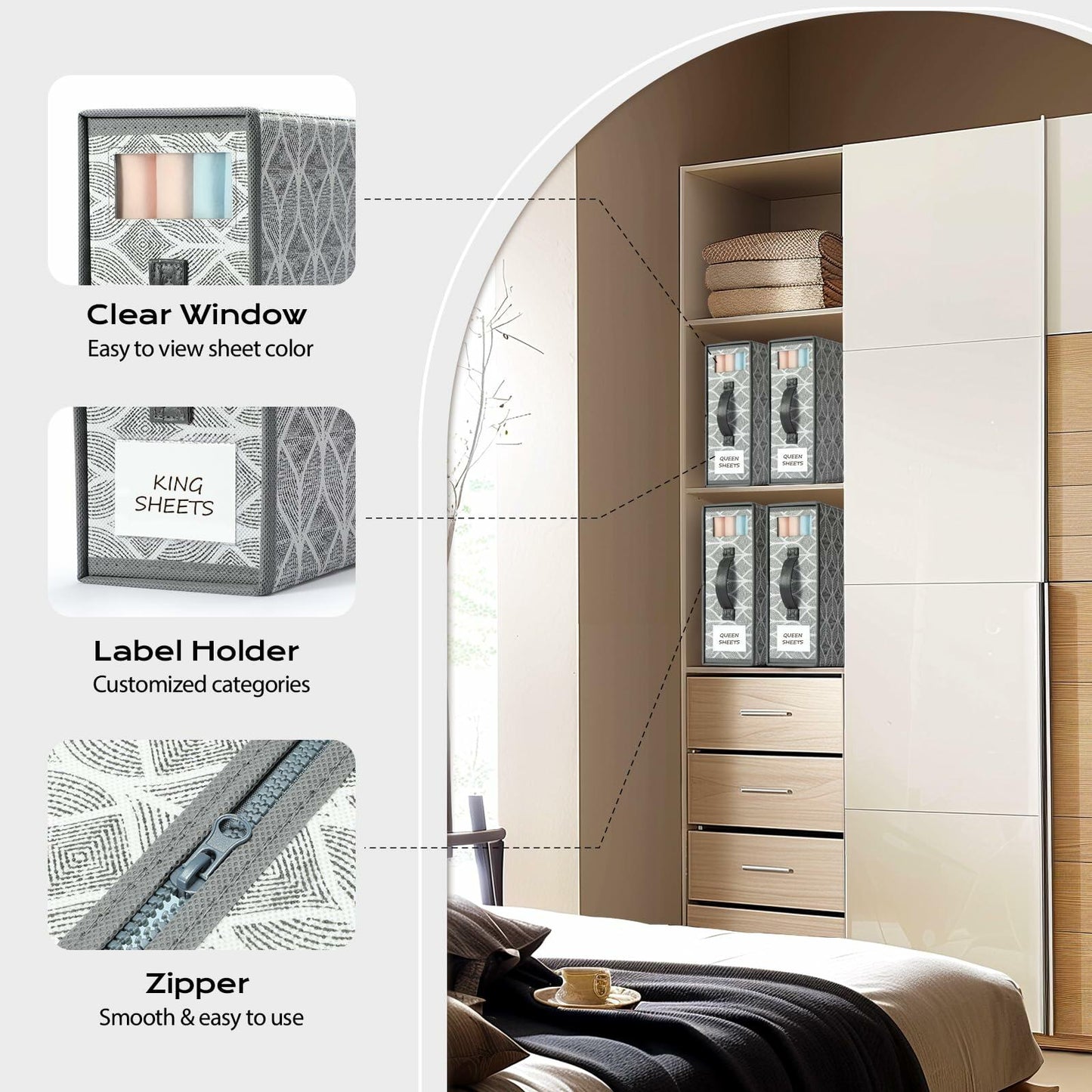 Yecaye 6 Pack Sheet Organizers Foldable Storage Boxes Queen King Grey