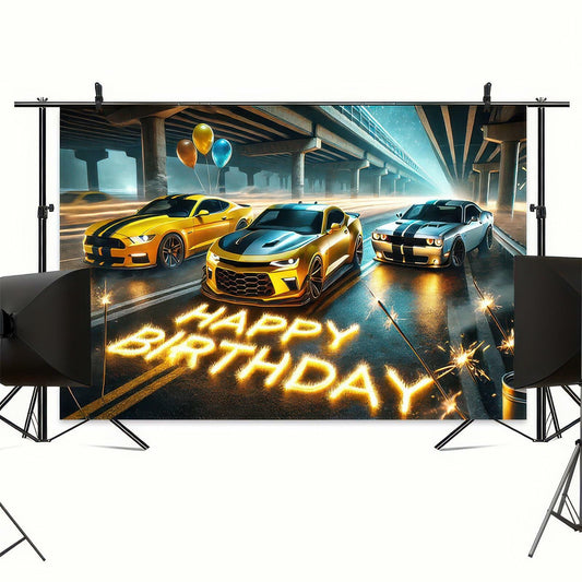 BlissYard Race Car Happy Birthday Banner 70x43" Party Backdrop Decor