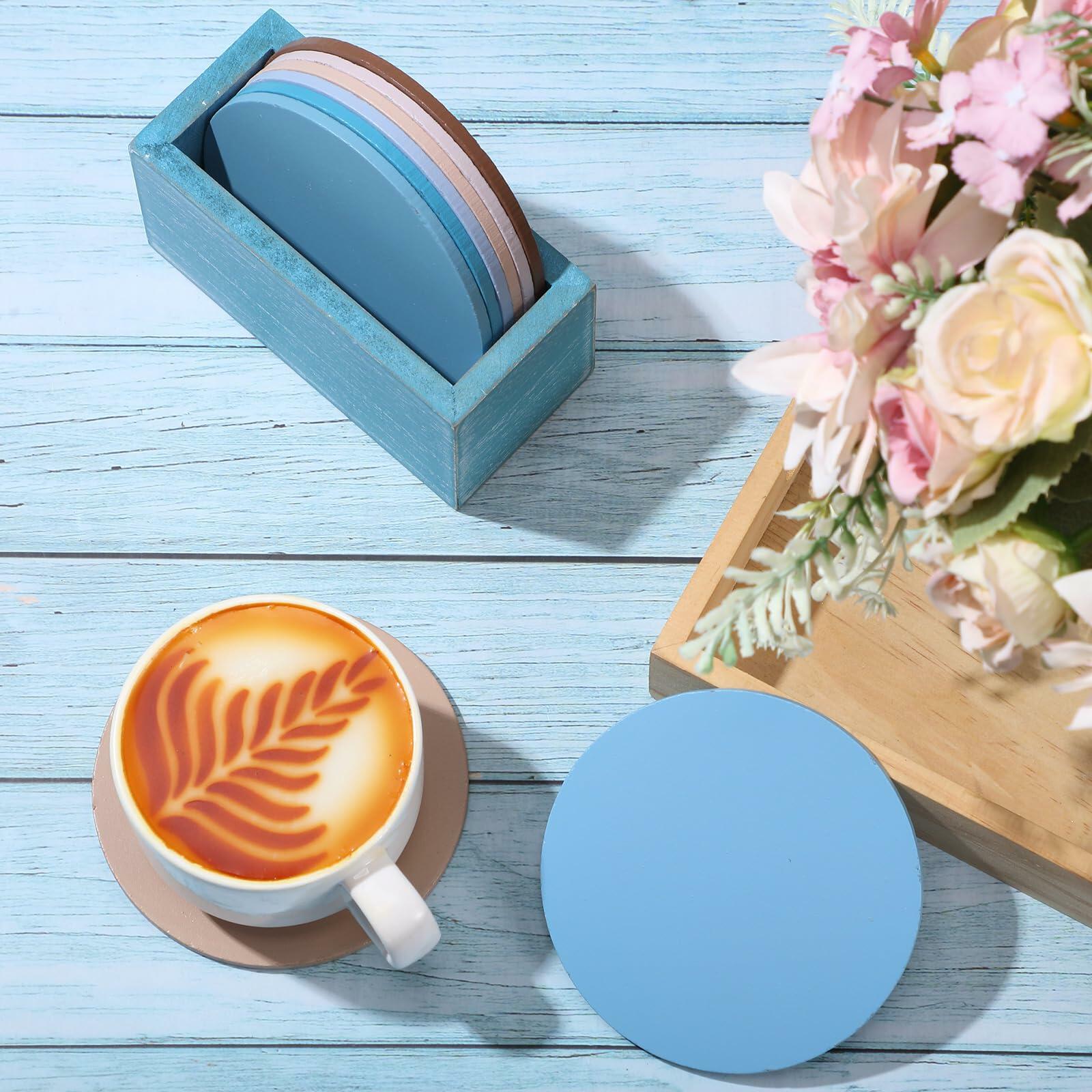 Queekay Wooden Drink Coasters Set of 8 with Holder 4in Grey Marble