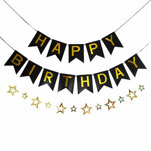 GLASNES Happy Birthday Banner Decoration Kit Black and Gold Party Supplies