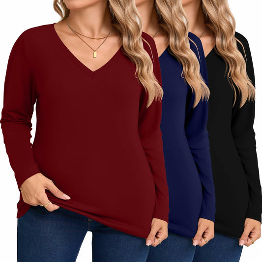 Women's Plus Size VNeck Long Sleeve T Shirts 3 Pack Black Navy Wine Red Size XXL