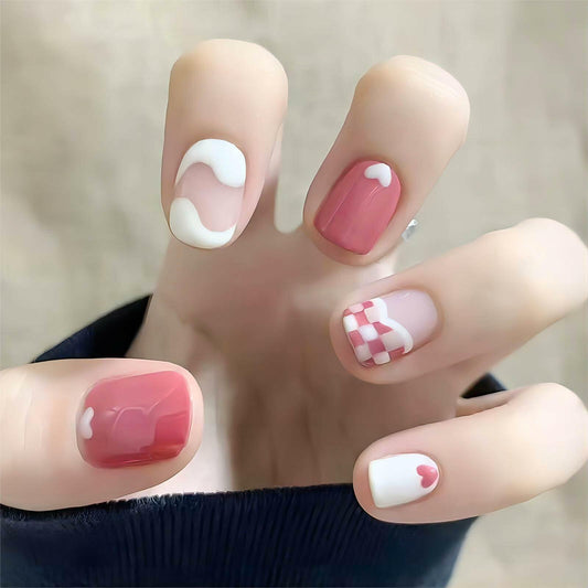 Vokupoga Square Press On Nails White Pink Acrylic 24Pcs Reusable