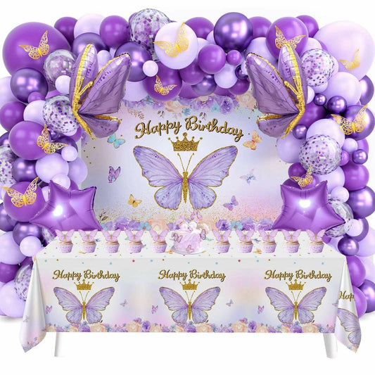 107 Pcs Purple Butterfly Birthday Decoration Set Indoor Outdoor Party