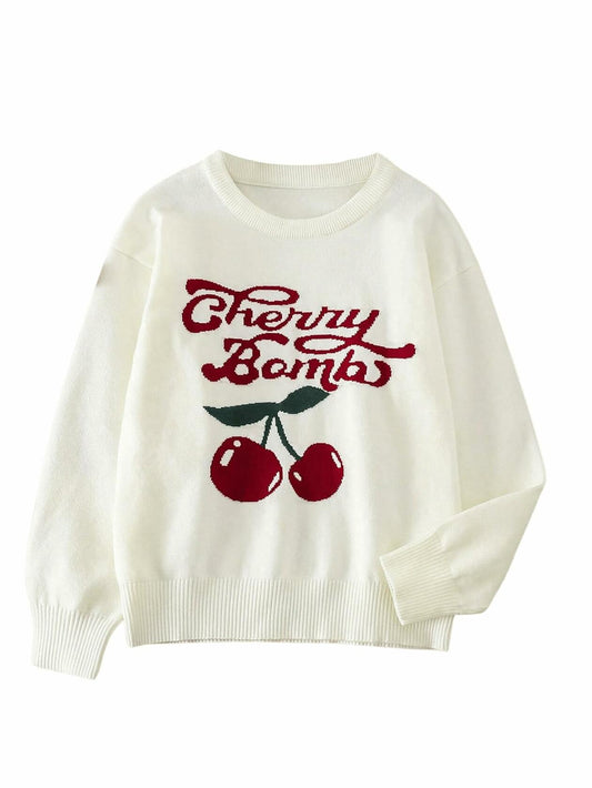 BEAUDRM Girl's Cherry Knit Sweater Long Sleeve Crewneck Apricot Size 11Y