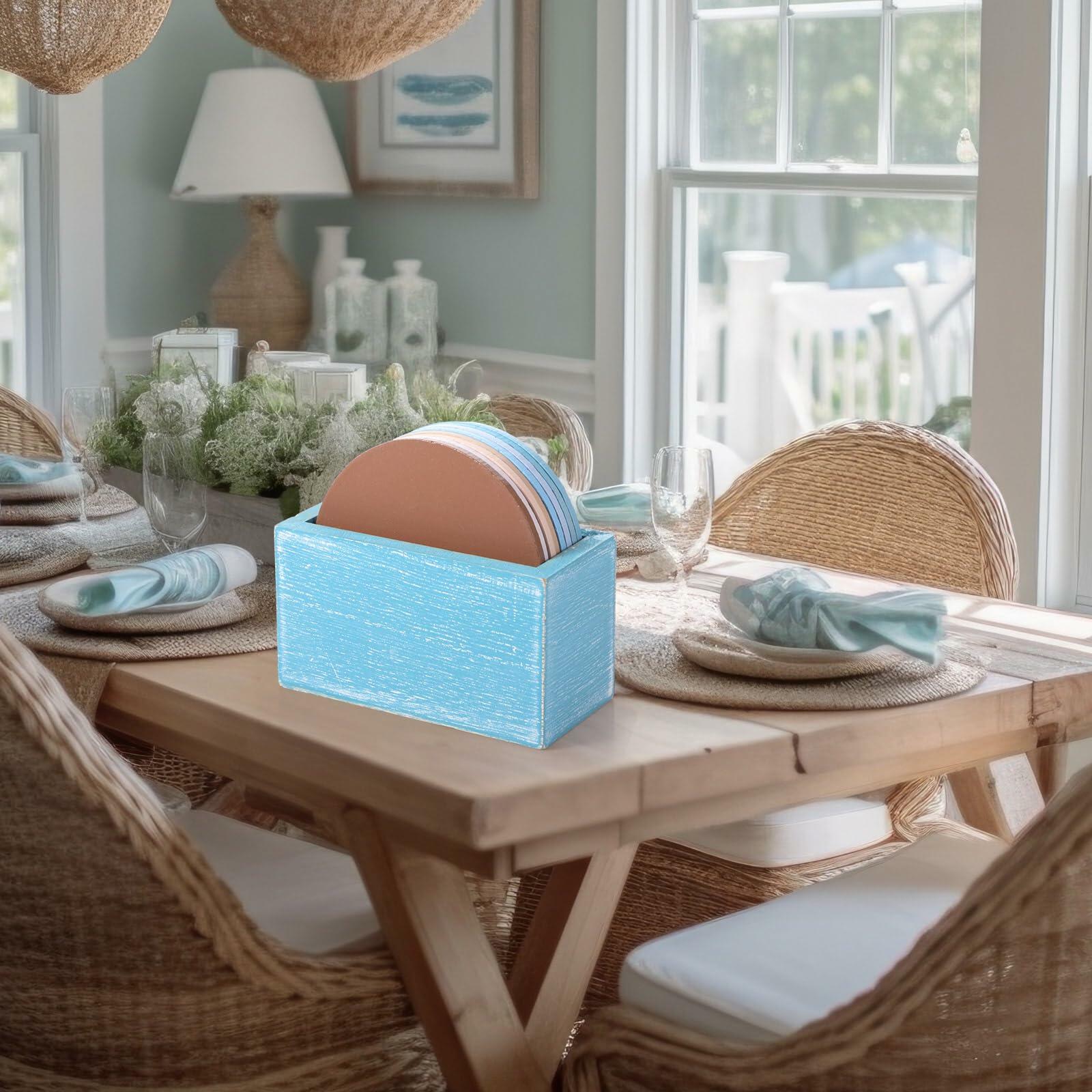 Queekay Wooden Drink Coasters Set of 8 with Holder 4in Grey Marble