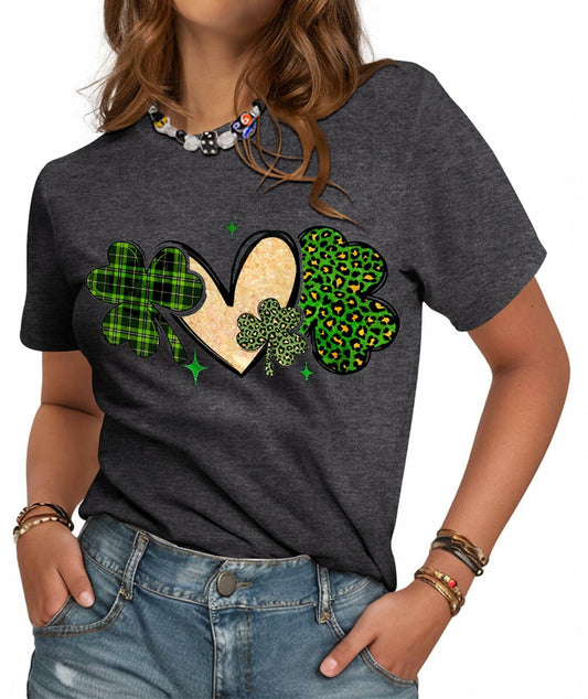 JMHACHY Women's St. Patrick's Shamrock Heart Leopard T-Shirt Grey Size XL