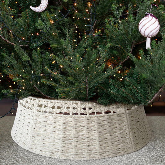Boho Cotton Rope Woven Christmas Tree Collar Skirt 24in Beige