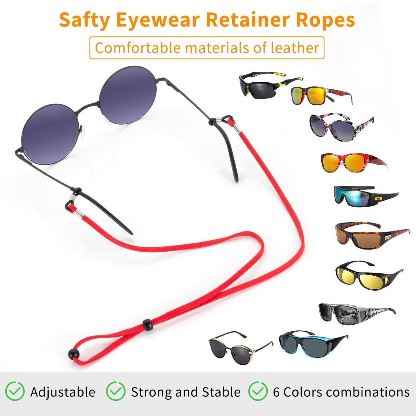 BILIONE Adjustable Leather Eyeglass Holder Straps 6 Pcs Universal Sport