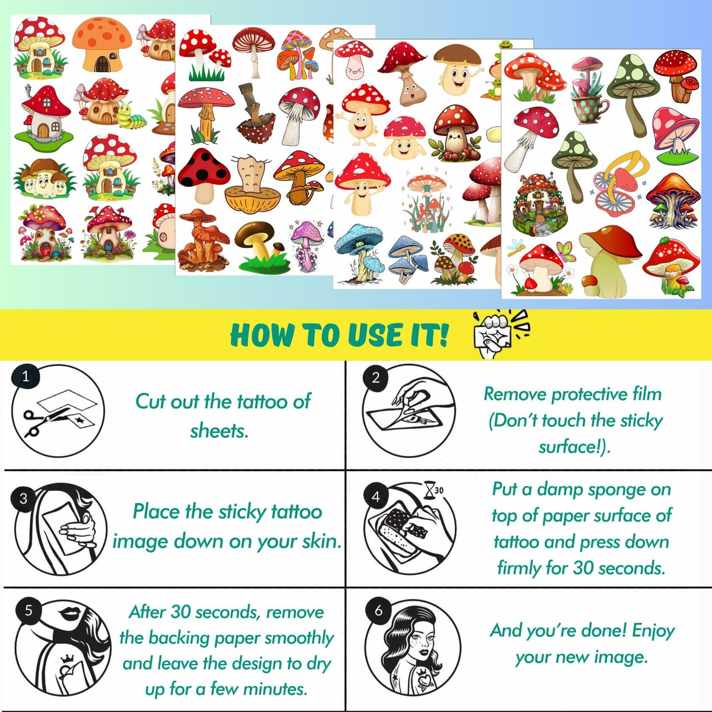 Mushroom Temporary Tattoos 50Pcs Cute Funny Stickers for Kids Boys Girls