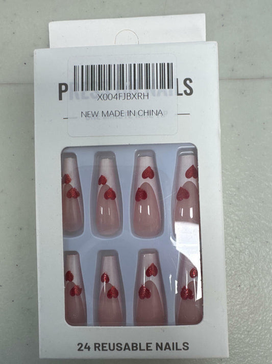 Valentine's Day Press On Nails Coffin Wine Red Pink Glitter 24 Pcs