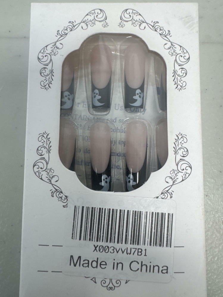 RIICFDD Halloween Fake Nails 24 Pcs Coffin Pink French Tip Ghost Designs