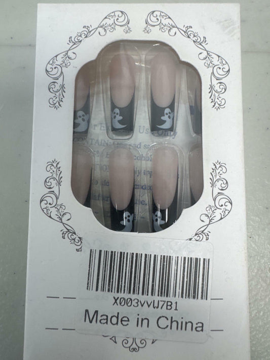RIICFDD Halloween Fake Nails 24 Pcs Coffin Pink French Tip Ghost Designs