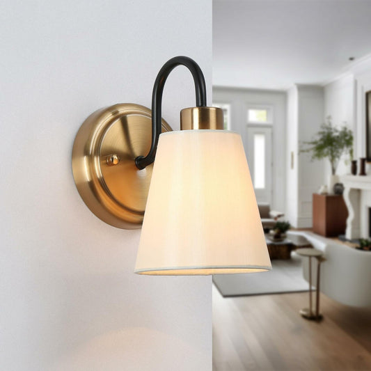 GEPOW Black Gold Wall Sconce Modern Fabric Shade Bathroom Wall Light