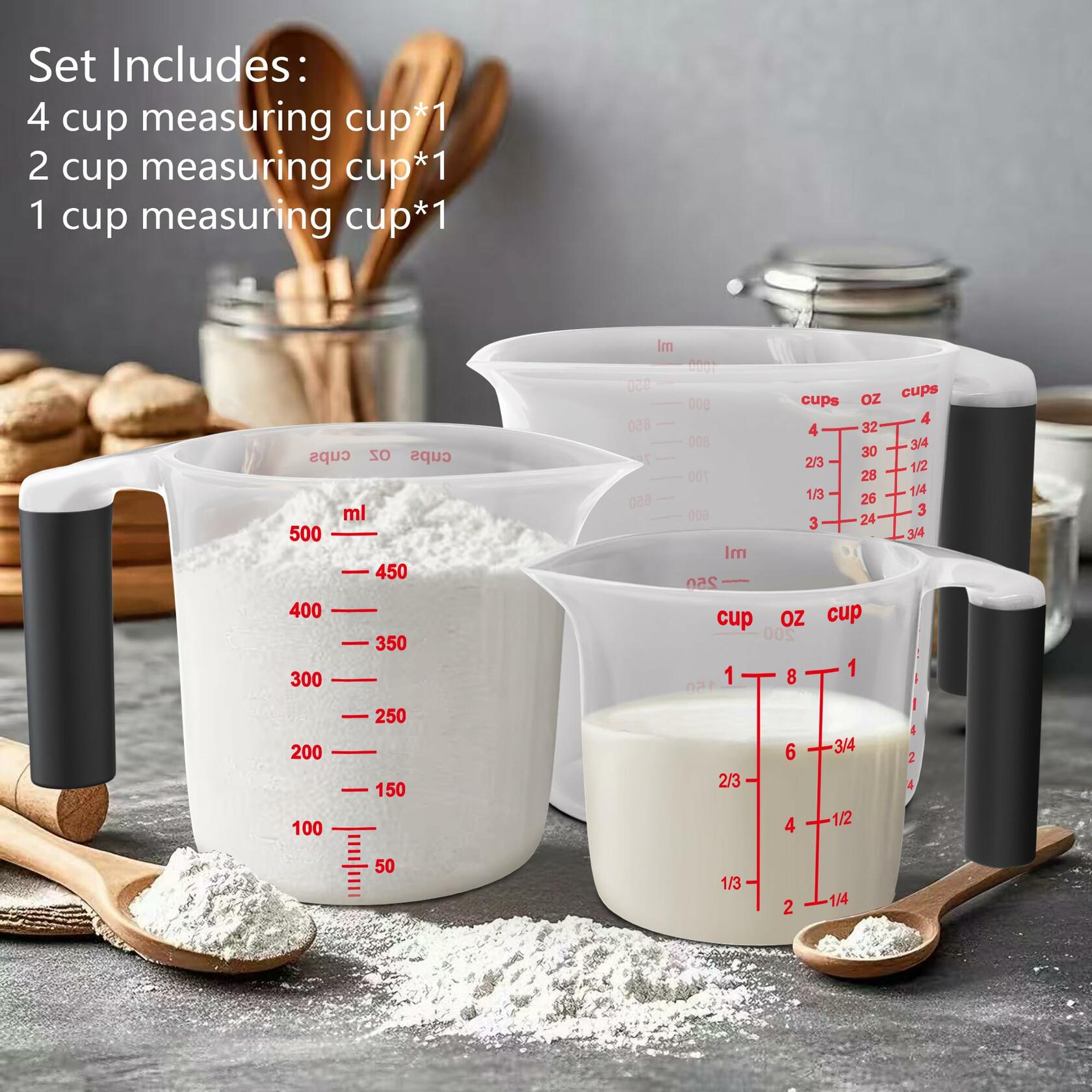TILUCK Measuring Cup Set BPA Free Plastic 3Pcs 4,2,1 Cup Kitchen