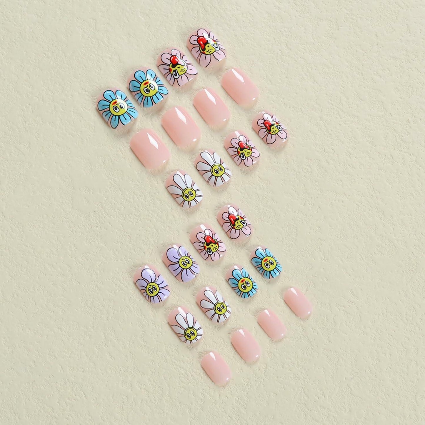 RIICFDD Summer Press On Nails Short Square Nude Pink Flower 24Pcs