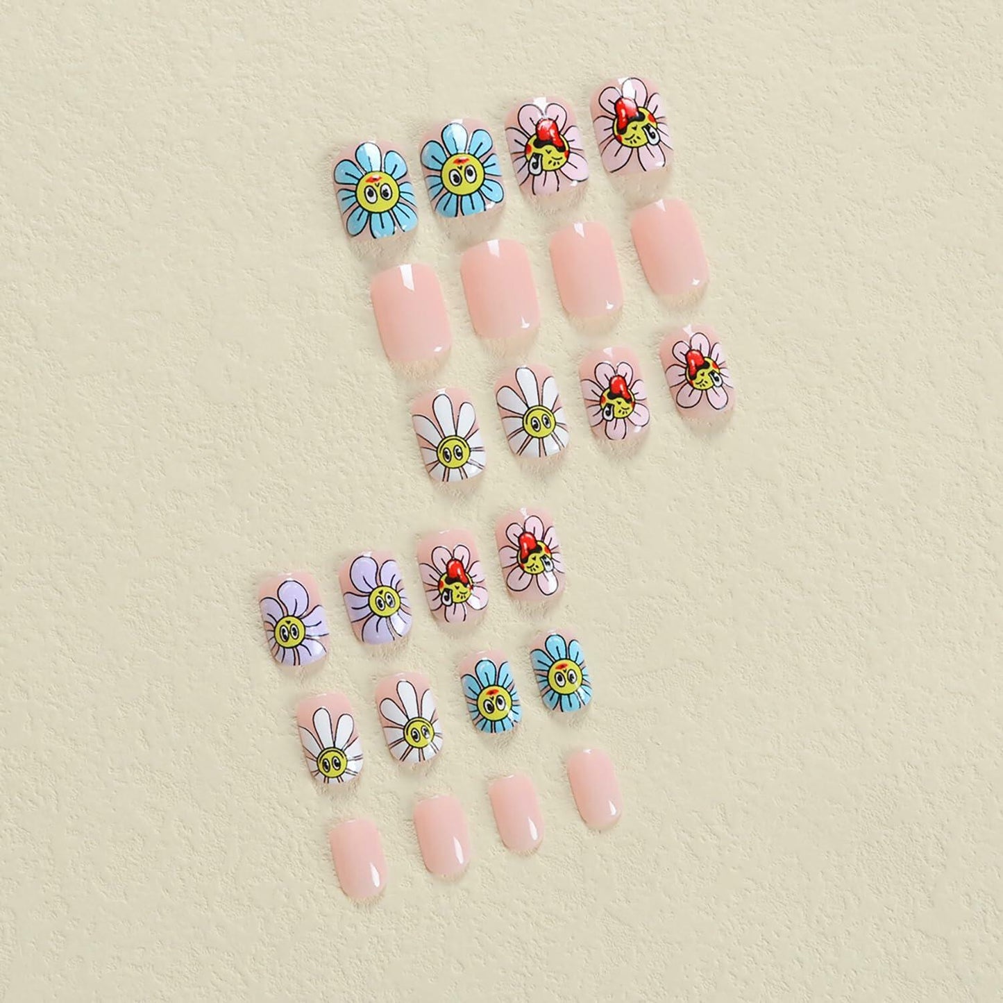 RIICFDD Summer Press On Nails Short Square Nude Pink Flower 24Pcs