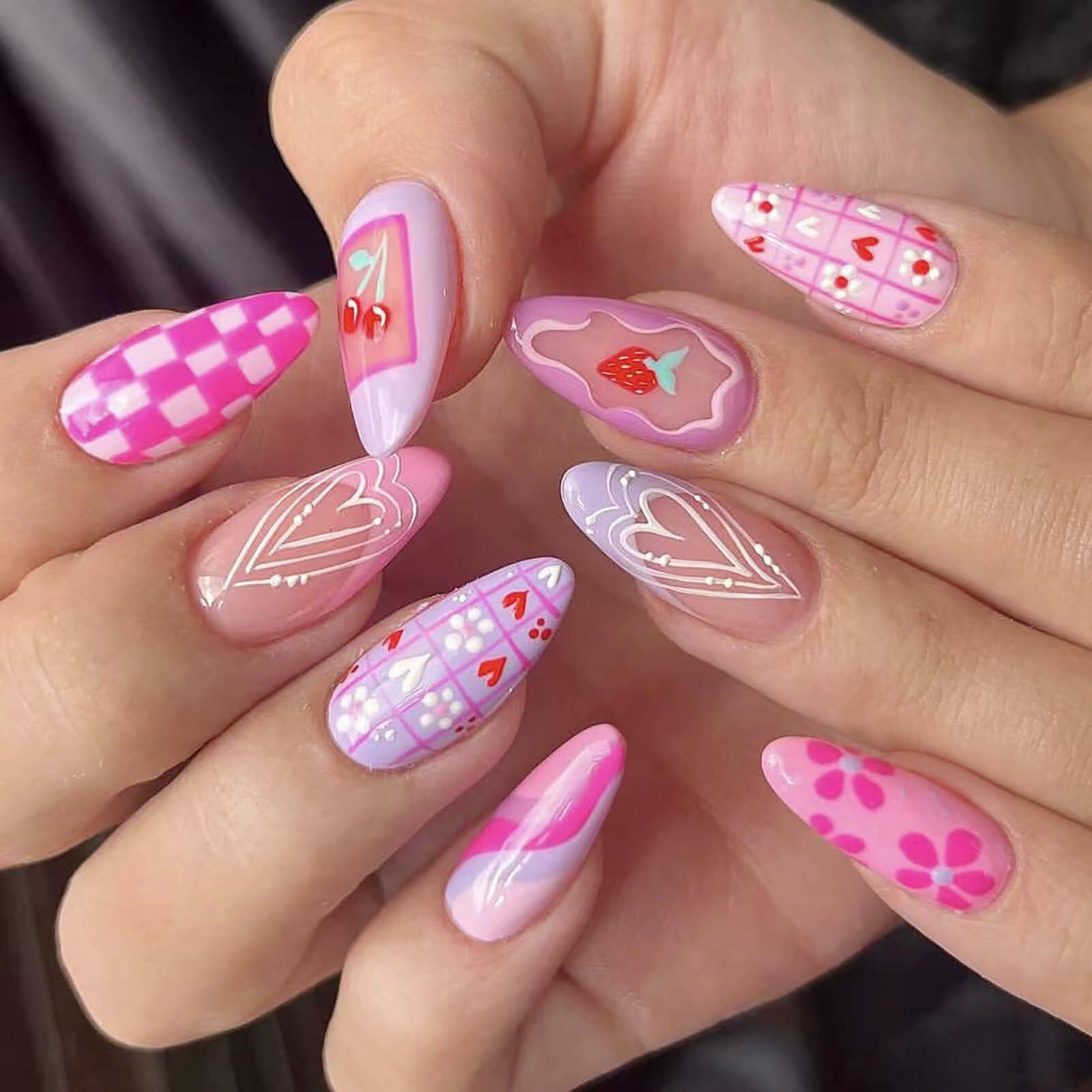 Valentine's Day Press On Nails Coffin Wine Red Pink Glitter 24 Pcs