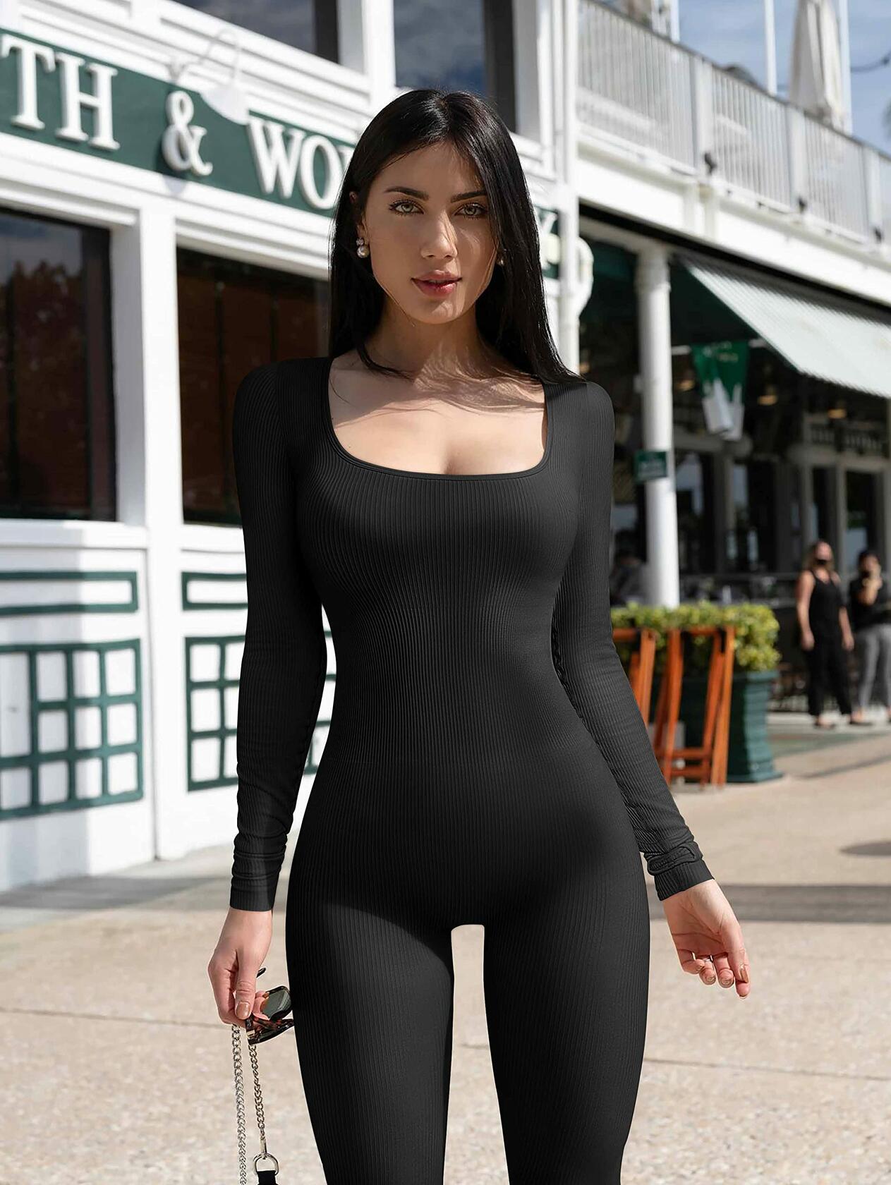 TOB Women Yoga Jumpsuit Ribbed Long Sleeve Square Neck Black Size L