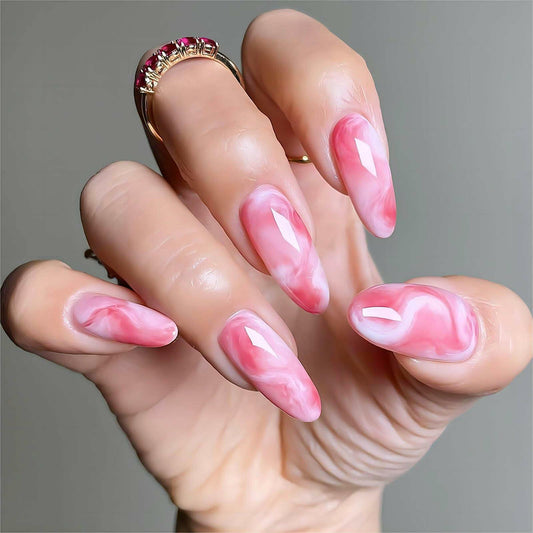 RUOKEXIN Almond Press On Nails Medium Pink White Ombre Marbling 24Pcs