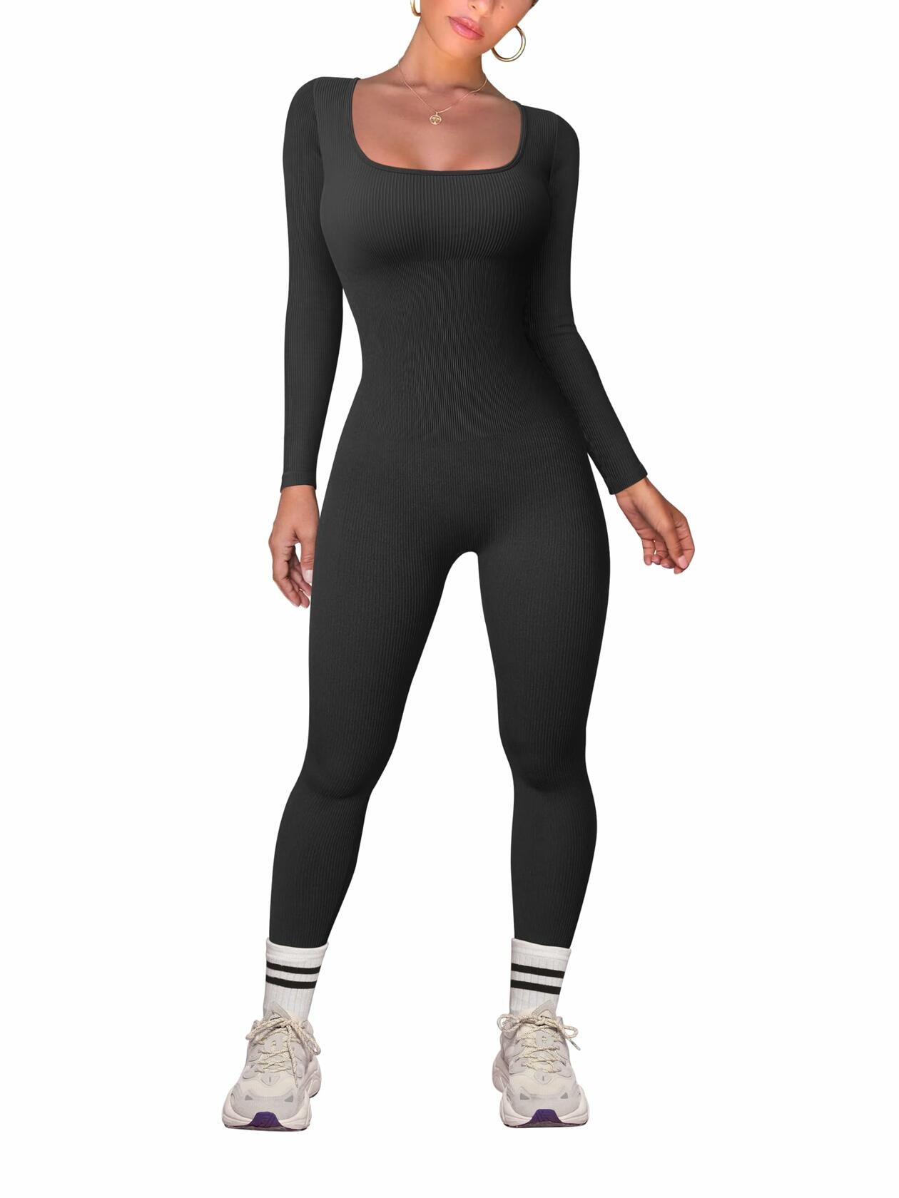 TOB Women Yoga Jumpsuit Ribbed Long Sleeve Square Neck Black Size L