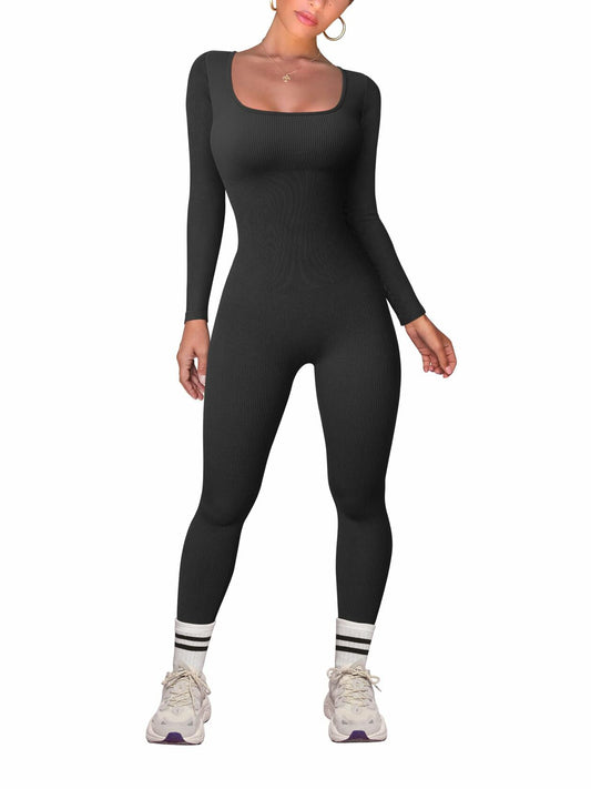 TOB Women Yoga Jumpsuit Ribbed Long Sleeve Square Neck Black Size L