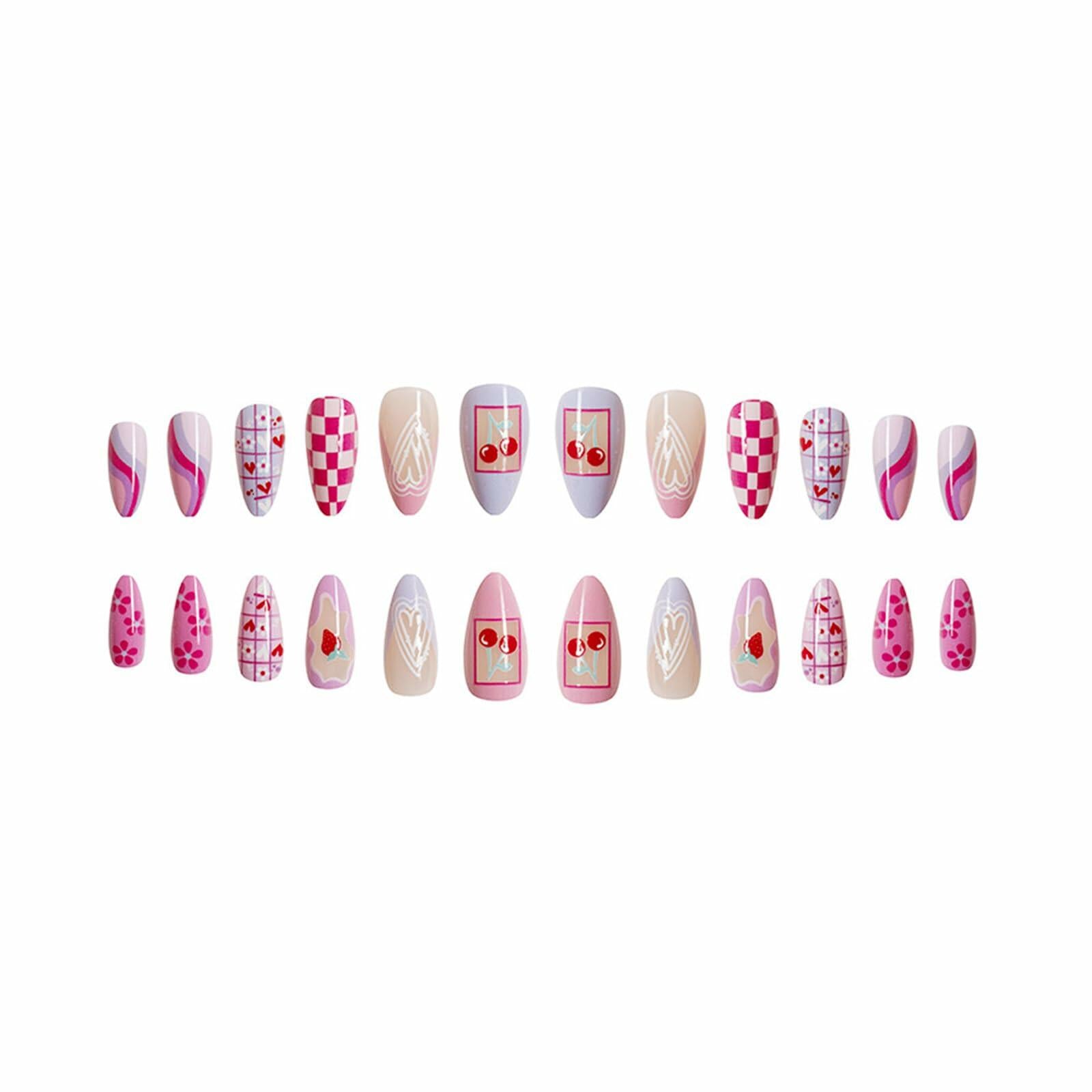 Valentine's Day Press On Nails Coffin Wine Red Pink Glitter 24 Pcs