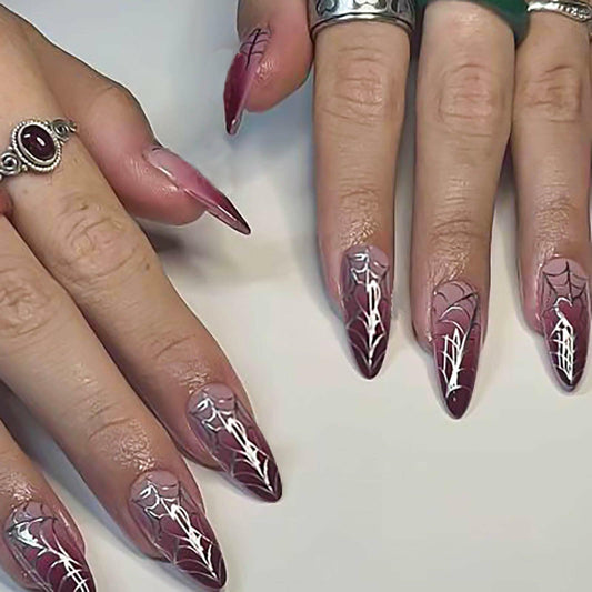 RUOKEXIN Medium Purple Ombre Halloween Press On Nails Spider Web 24Pcs