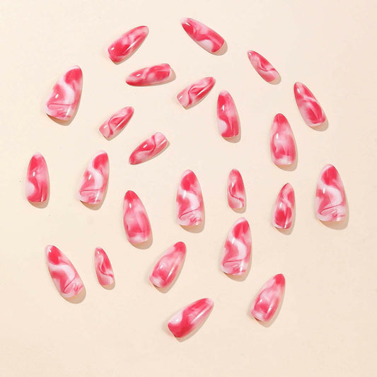 RUOKEXIN Almond Press On Nails Medium Pink White Ombre Marbling 24Pcs