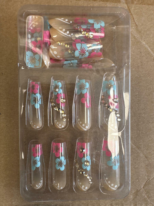 RUOKEXIN Acrylic Coffin Nails 24Pcs Red Blue Flower Gold Rhinestones Glossy