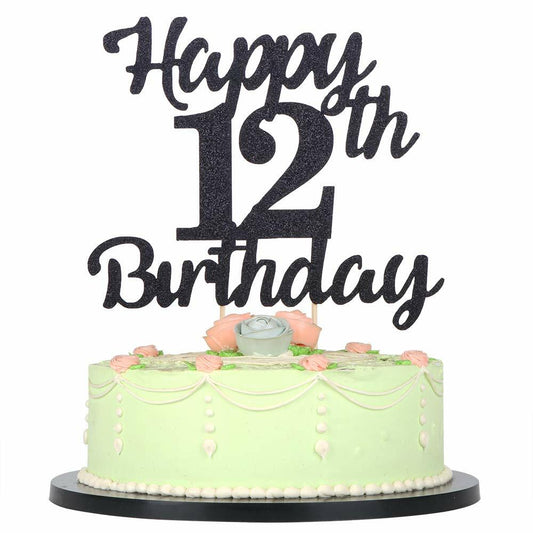 LVEUD 12th Birthday Cake Topper Black Glitter 12th Party Decoration