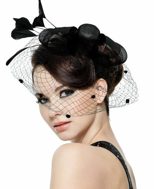 Kidukso Fascinators Hat Vintage 1930s Derby Mesh Veil Feathers Black