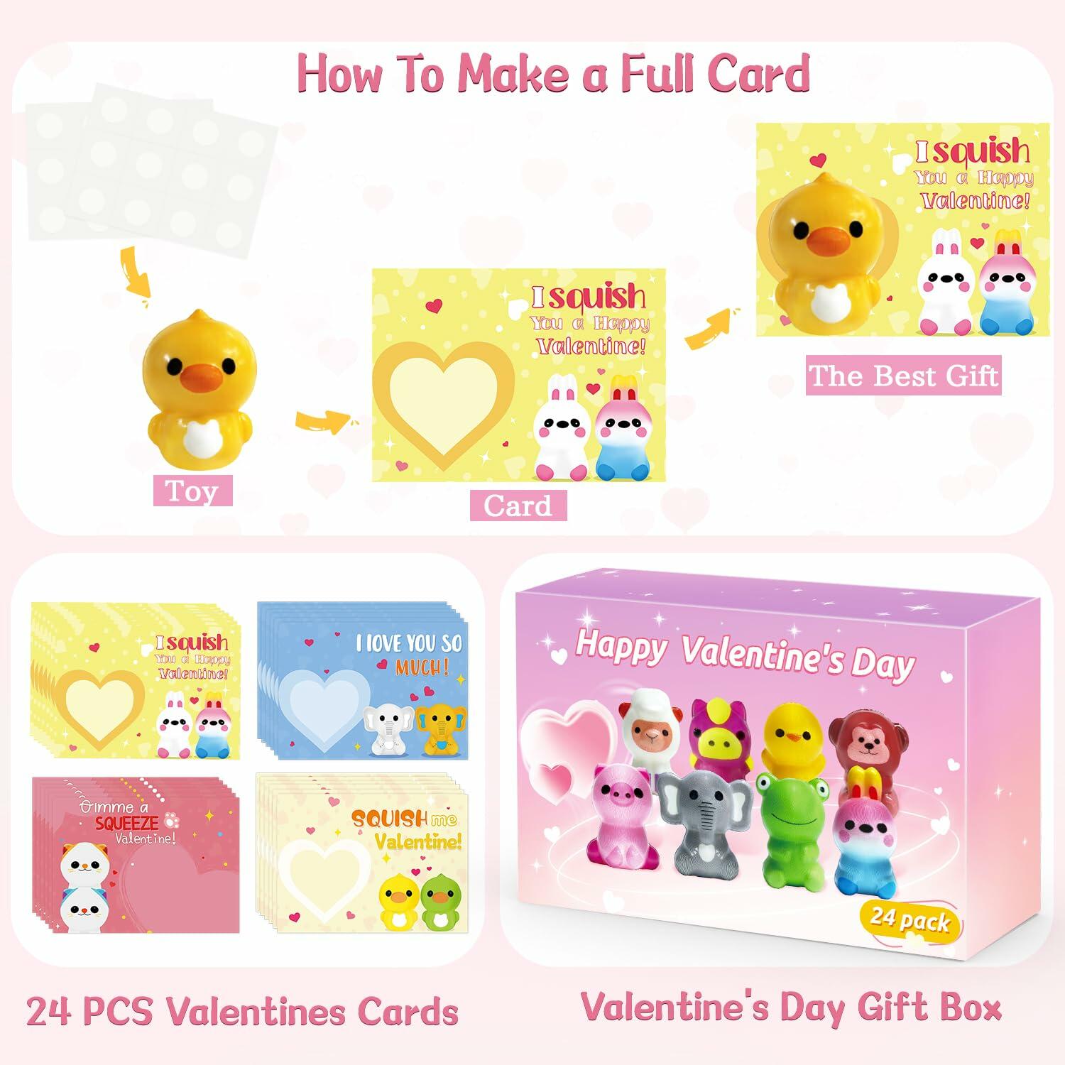 BOMLY 24 Pack Valentines Day Animal Squishy Toys Cards for Kids Classroom